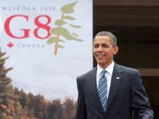 Canadian Prime Minister Stephen Harper (not shown) welcomes United States President Barack Obama to the G-8 Summit at the Deerhurst Resort in Huntsville, Ont. on Friday June 25, 2010. (Pawel Dwulit/G-8,G-20 Host Photo)
