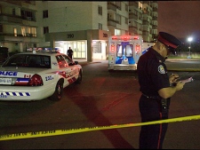 Police investigate after a woman was stabbed at 390 Dixon Rd. early Tuesday morning. (CP24/Tom Stefanac)