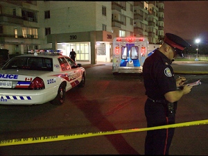 Police investigate after a woman was stabbed at 390 Dixon Rd. early Tuesday morning. (CP24/Tom Stefanac)