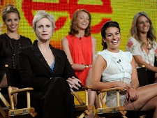 In this photo taken Aug. 6, 2009, "Glee" cast members from left, Diana Agron, Jane Lynch, Jayma Mays, Lea Michele and Jessalyn Gilsig participate in a panel discussion at the FOX Television Critics Association summer press tour in Pasadena, Calif.(AP Photo/Chris Pizzello)