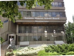 A sign is pictured outside a Toronto District School Board building. (Corey Baird/CTV Toronto)