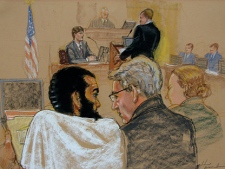 In this photo of a sketch by courtroom artist Janet Hamlin and reviewed by a U.S. Department of Defense official, Canadian  defendant Omar Khadr attends his hearing in the courthouse for the U.S. military war crimes commission at the Camp Justice compound on Guantanamo Bay U.S. Naval Base in Cuba, Monday, August 9, 2010. In witness stand, Evan Kohlmann testifies. THE CANADIAN PRESS/Janet Hamlin, Pool