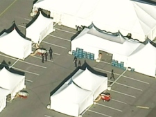 Large tents have been set up at CFB Esquimalt ahead of the expected arrival a ship that is thought to have Tamil migrants on board on Wednesday, Aug. 12, 2010.