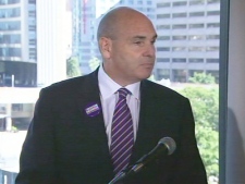 Mayoral candidate George Smitherman addresses the media on Tuesday, Sept. 7, 2010.