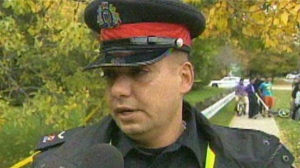 Cst. George Tudos of peel police updates media at the scene where a woman's body was found in Brampton October, 7, 2012. (CP24 image)