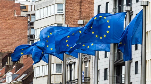 European Union flags at Brussels headquarters