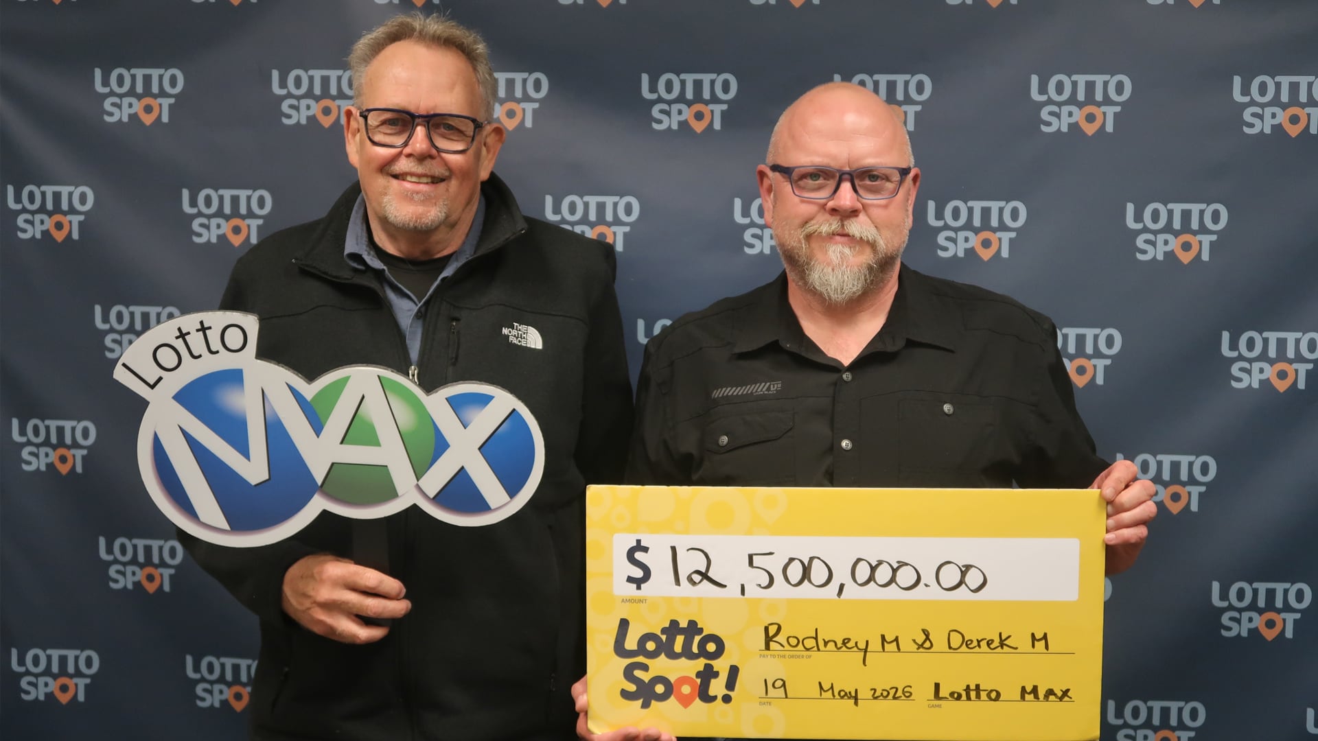 Rodney McFadyen and Derek Marsh won $12.5 million on the May 19, 2026 Lotto Max draw. (Credit: Western Canada Lottery Corporation)