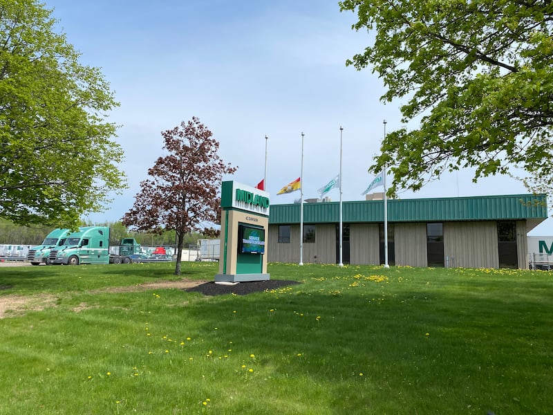 Flags at half-mast at the Midland building in Dieppe, N.B. (Derek Haggett/CTV News Atlantic)