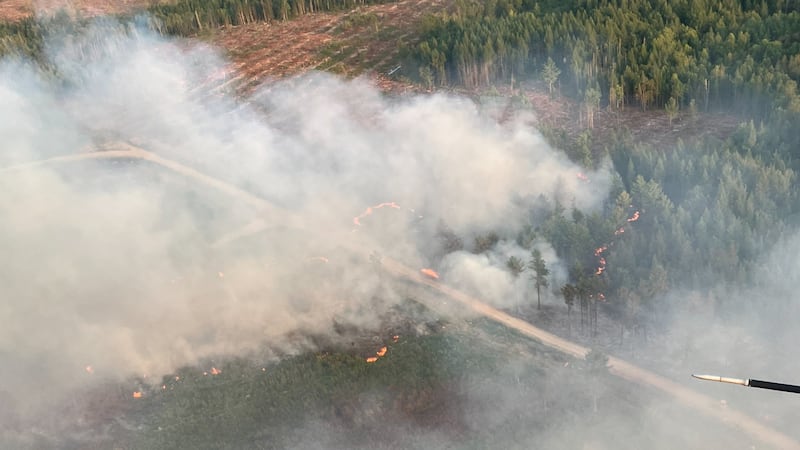 Smoke can be seen billowing from a forest fire.