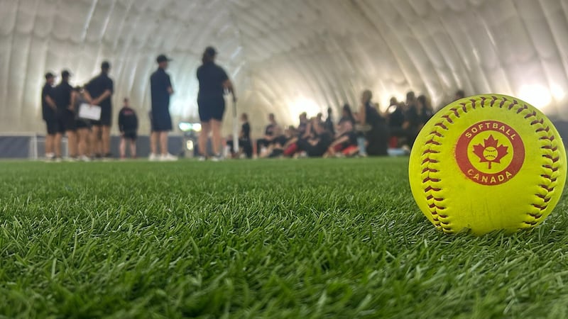 A yellow softball is pictured.