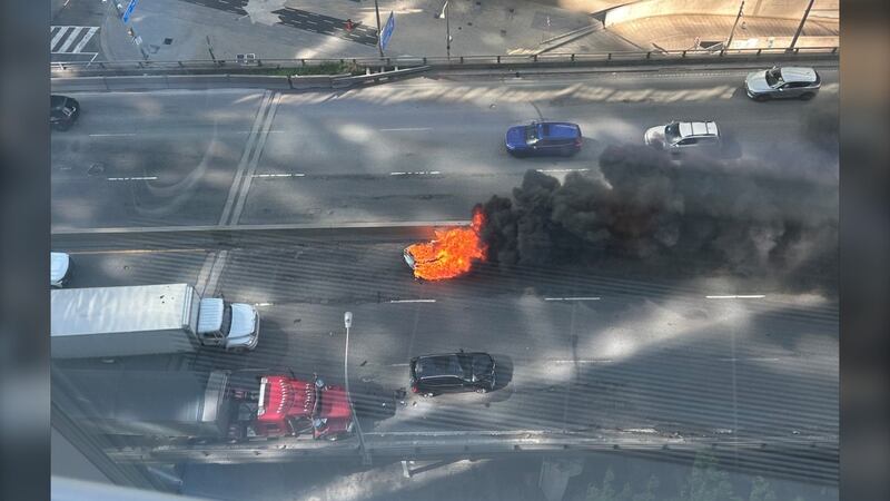 Eastbound Gardiner blocked after vehicle bursts into flames on downtown Toronto highway
