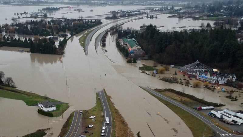 Aerial image of floodwaters in Abbotsford, B.C., on Dec. 12, 2025. (CTV News)
