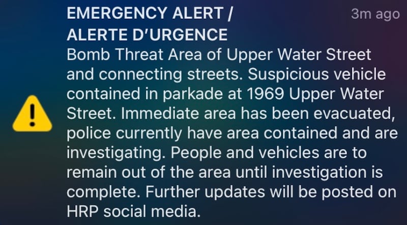 An emergency alert issued in the Halifax area on Aug. 10, 2026.