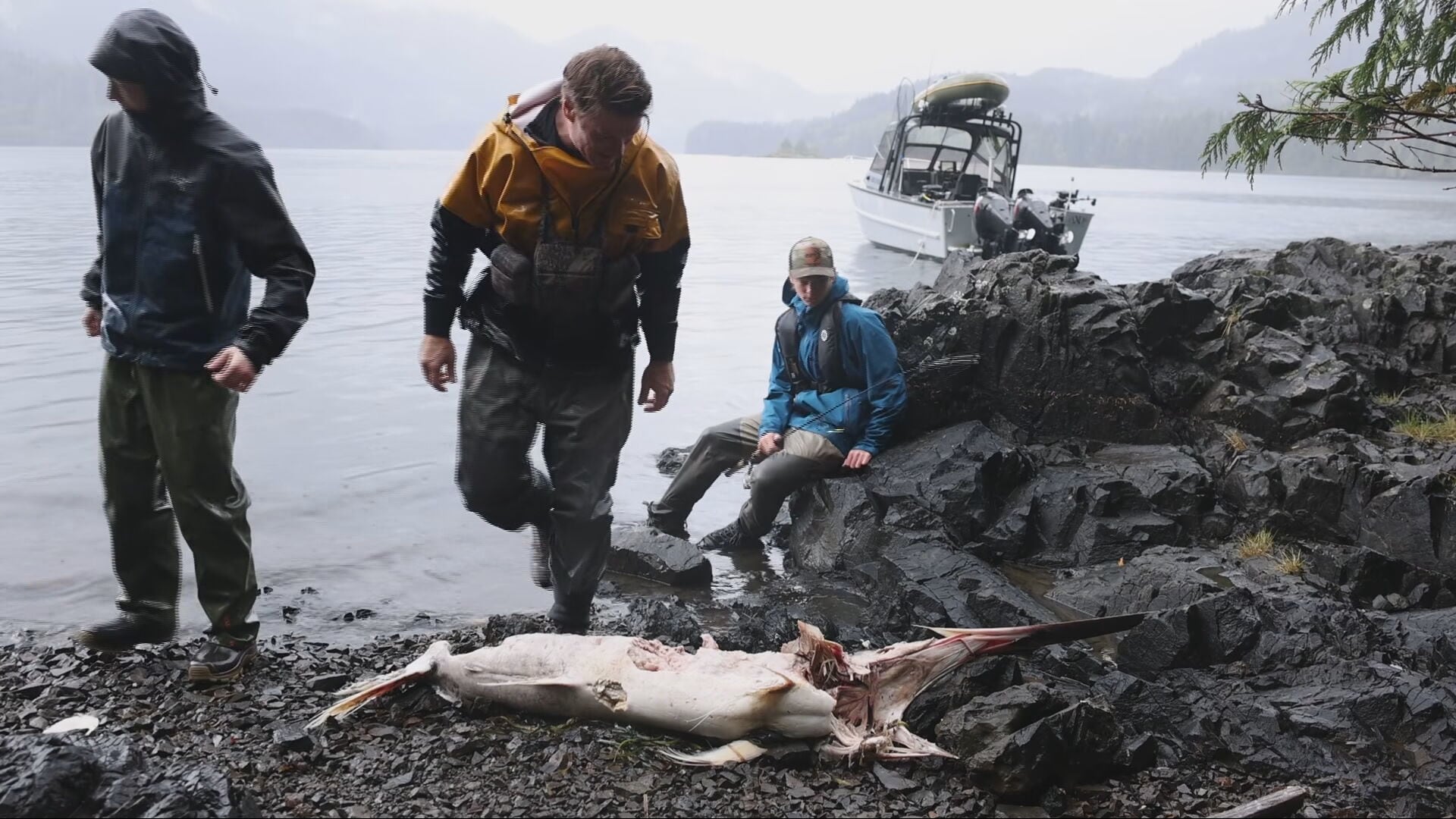 Captain Quinn stands beside a rare six-foot swordfish after discovering the carcass washed ashore on Haida Gwaii.