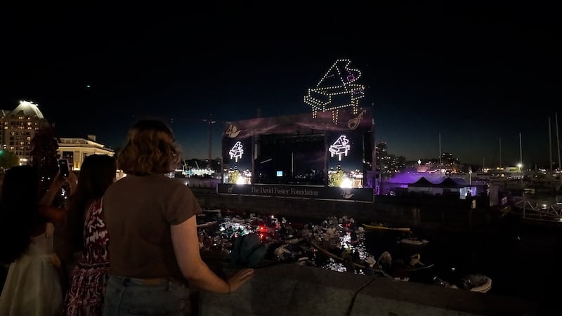 The drone light show at the end of David Foster’s 40th anniversary concert in Victoria’s Inner Harbour on Aug. 8, 2026.