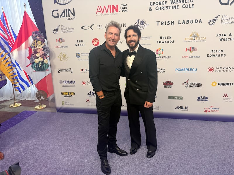 Musicians Josh Groban and Chad Kroeger attend the David Foster Foundation’s 40th anniversary gala in Victoria on Friday, Aug. 7, 2026. Both artists have supported the foundation and its work helping families through the transplant journey. (Megan Yamoah)