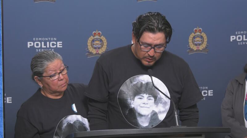 Samuel Bird's father, Justin Bird, and his paternal grandmother Jerry Potts at an Edmonton Police Service news conference on Oct. 1, 2025. (Galen McDougall/CTV News Edmonton)