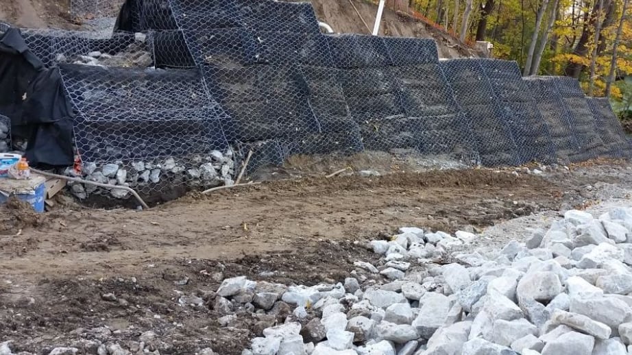 Green gabion wall units, one of the construction projects of Maccaferri Canada, is pictured in 2016 in Owen Sound, Ont. (Maccaferri Canada)