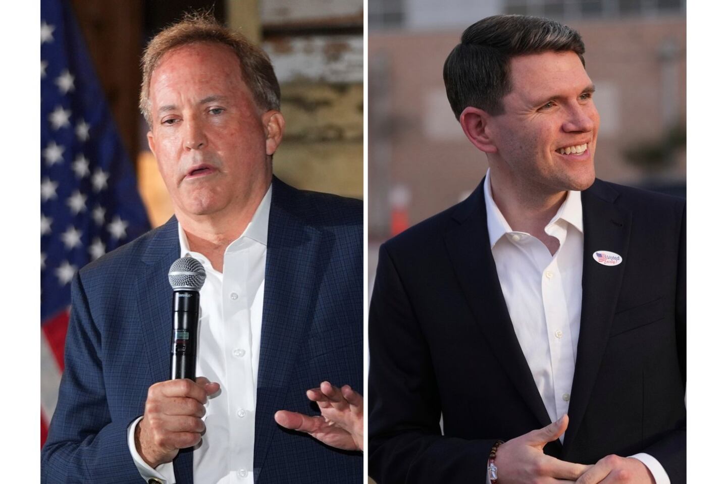 At left, Texas Attorney General Ken Paxton speaks in McKinney, Texas, May 19, 2026, and at right, Texas state Rep. James Talarico, after voting, in Austin, Texas, Feb. 17, 2026