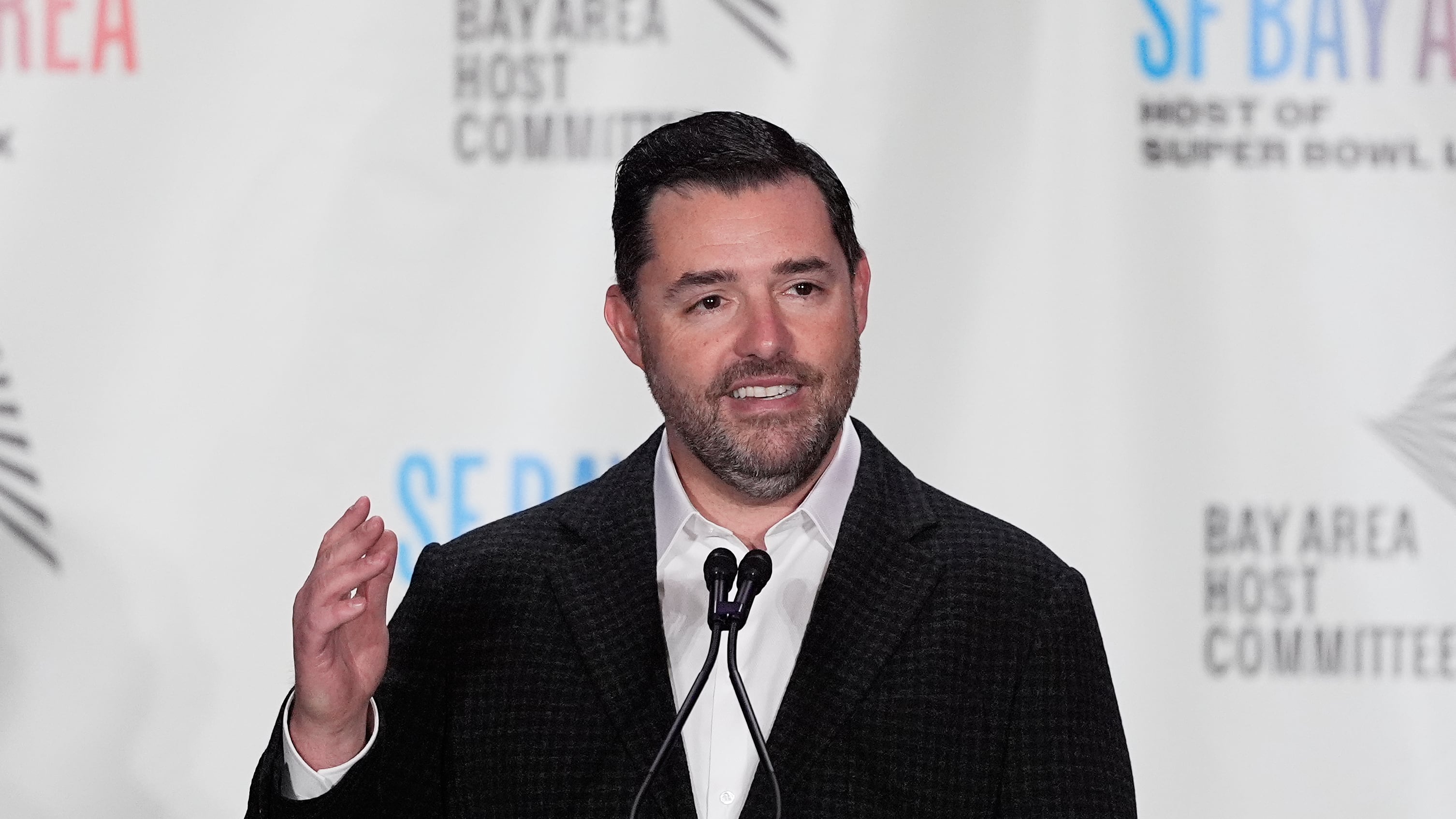 San Francisco 49ers team owner Jed York speaks at a news conference in San Francisco on Feb. 2, 2026. (Jeff Chiu / AP Photo)