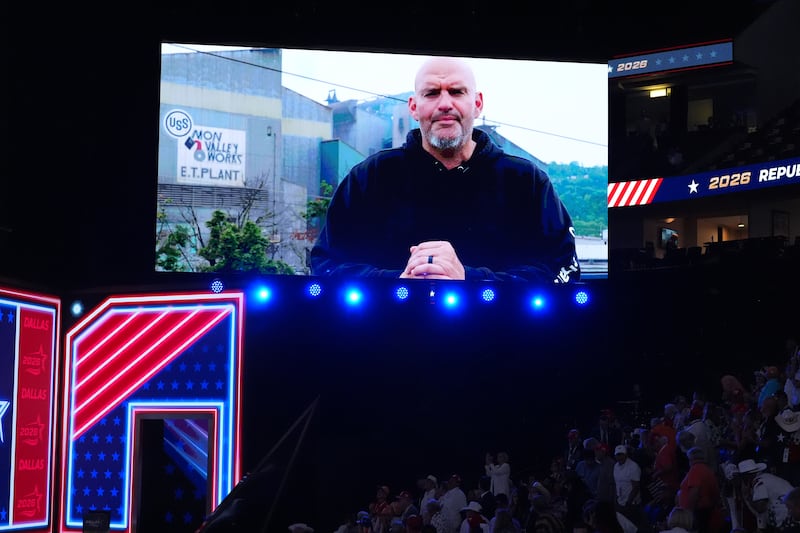 A video featuring Sen. John Fetterman, a Democrat from Pennsylvania, plays at the Republican convention in Dallas on Sept. 9, 2026. (Alex Brandon / AP Photo)