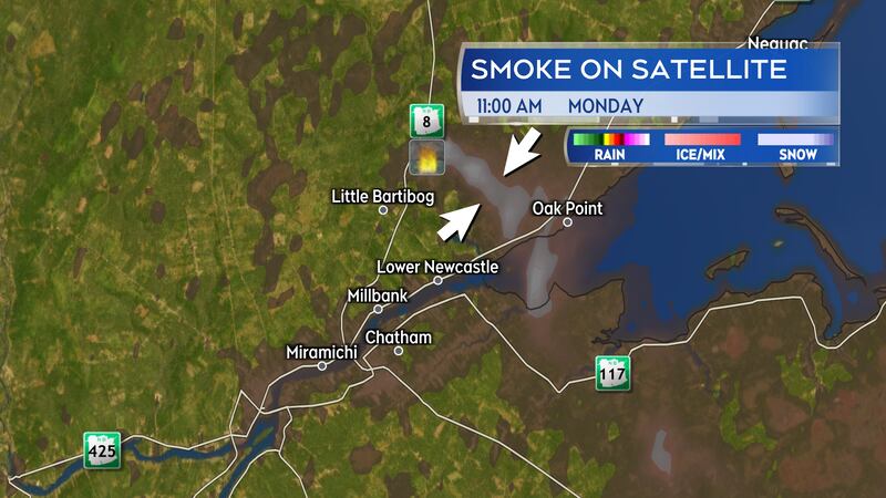 Smoke from the Miramichi area wildfire is visible on weather satellite imagery. Environment Canada is cautioning of a moderate health risk when it comes to air quality where that smoke is present near the surface.