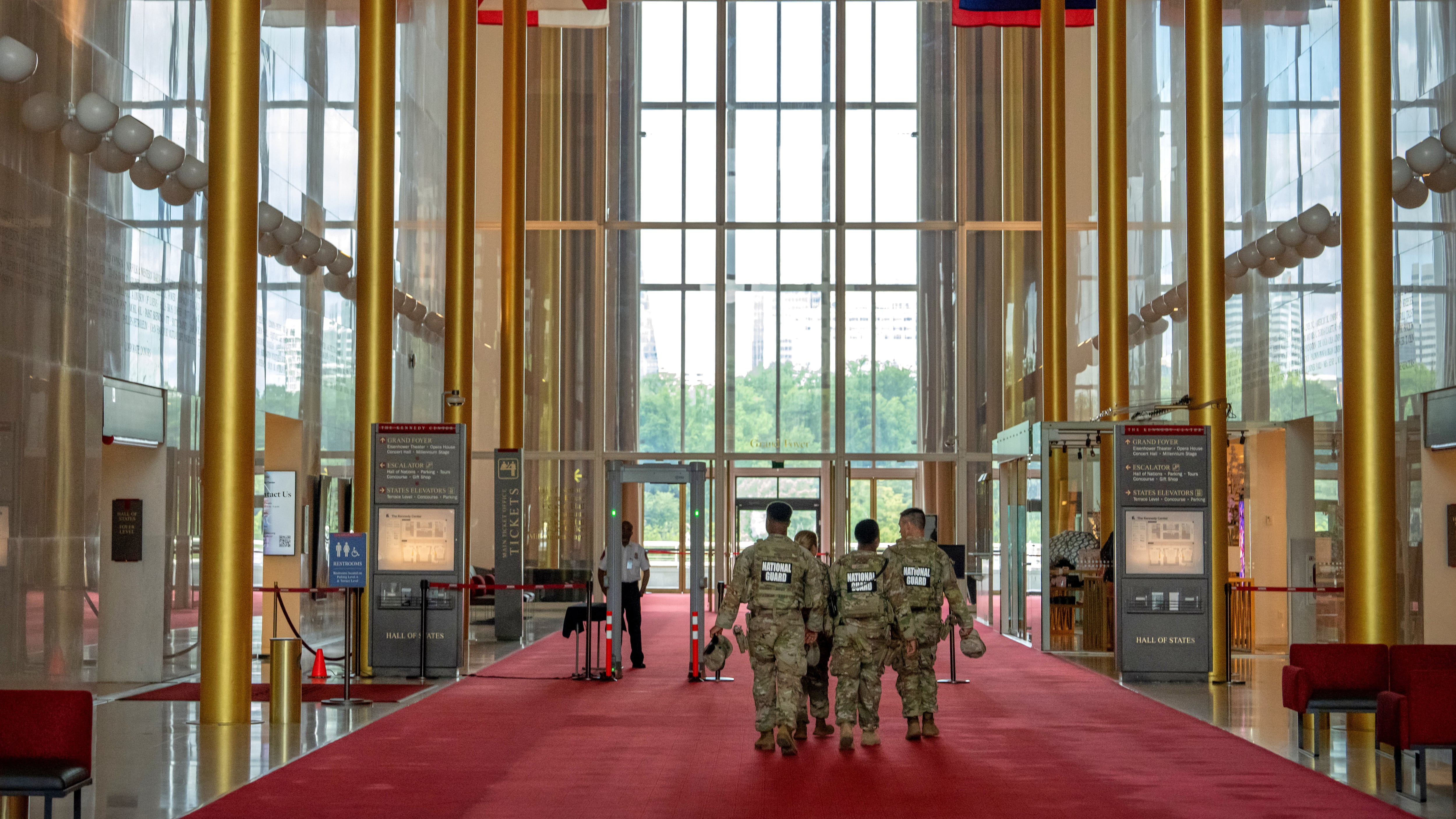 National Guard members walk inside the Hall of States in the Kennedy Center in Washington on July 31, 2026. (Mark Schiefelbein / AP Photo)