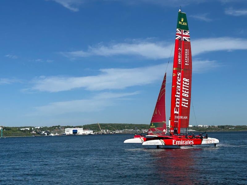 A F-50 catamaran is pictured in the Halifax harbour ahead of the Canada Sail Grand Prix. (CTV Atlantic / Jonathan MacInnis)