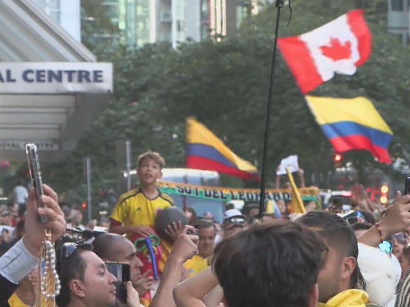 Colombia fans gather in downtown Vancouver on July 6, 2026. (CTV News)