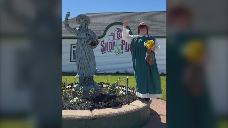 Jack Pickering is pictured dressed up as "Manne of Green Gables" outside Shop & Play in Borden-Carleton, P.E.I. (Source: Instagram/shop_play_gift_shop)