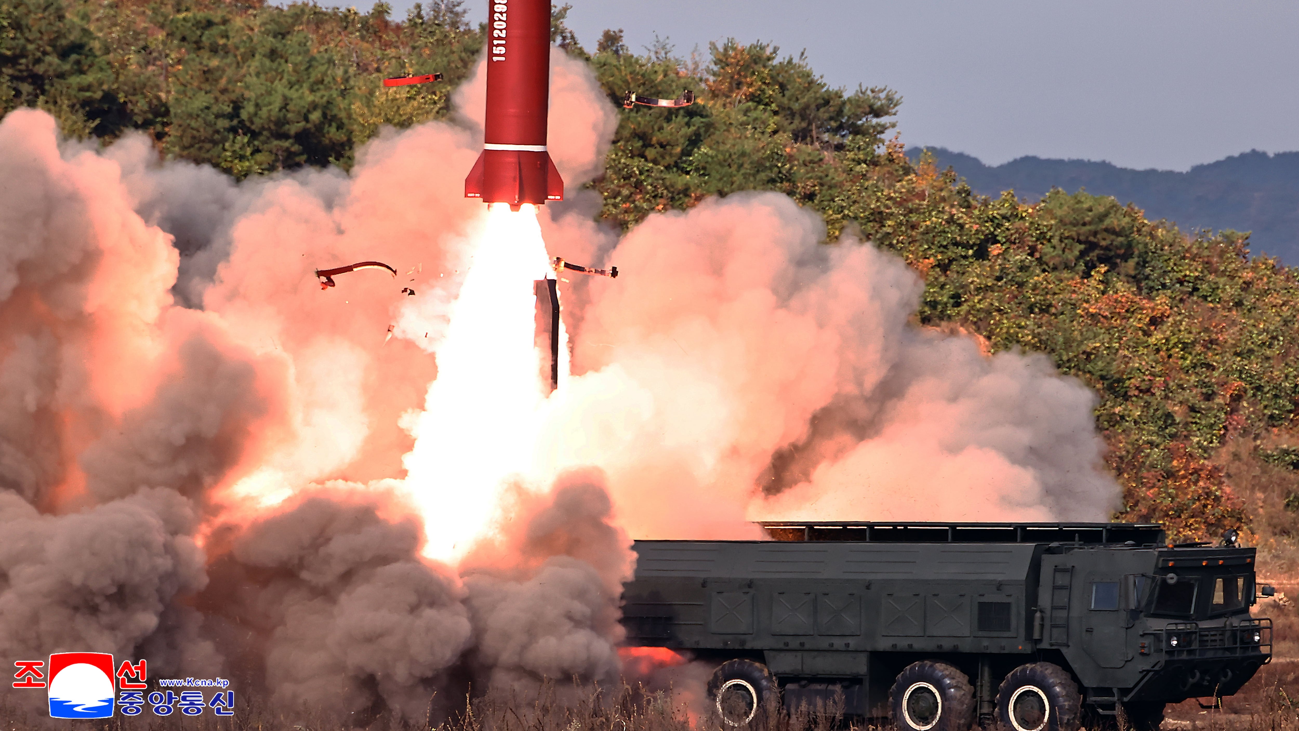 This photo provided by the North Korean government shows a missile test at an undisclosed location in North Korea on Oct. 12, 2026. (Korean Central News Agency / Korea News Service via AP)