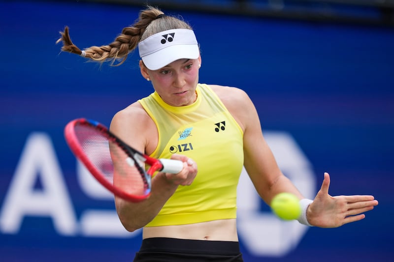 Elena Rybakina of Kazakhstan returns the ball to Qinwen Zheng of China during the quarterfinal round of the U.S. Open tennis championships in New York on Sept. 9, 2026. (Seth Wenig / AP Photo)