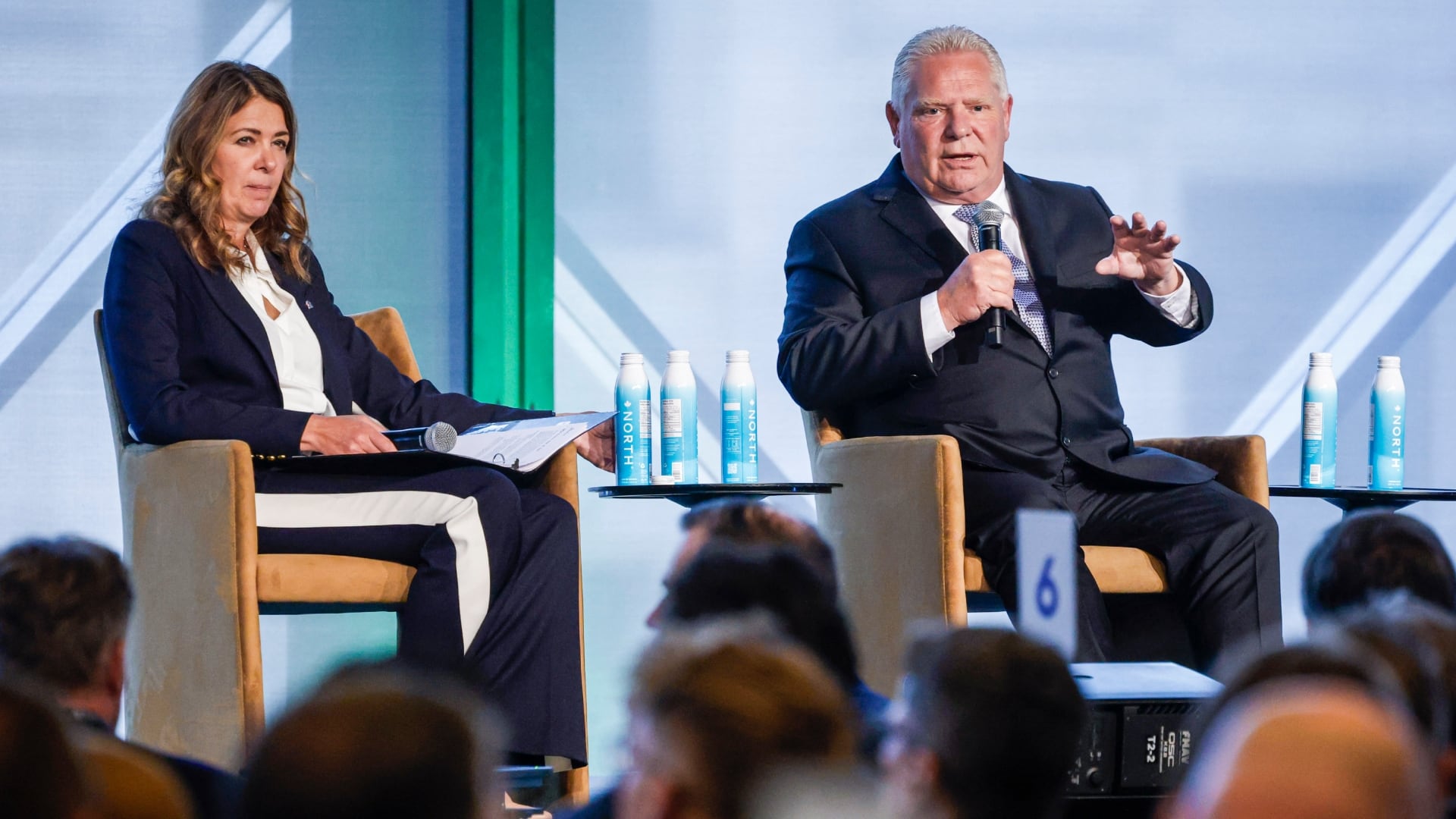 Alberta Premier Danielle Smith, left, and Ontario Premier Doug Ford speak at a conference in Calgary, Alta., Monday, Sept. 28, 2026. (THE CANADIAN PRESS/Jeff McIntosh)