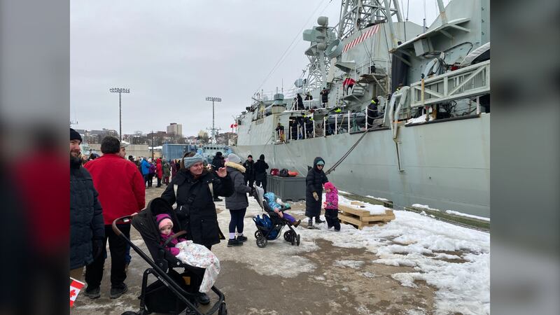 Families and friends are pictured at the Halifax dockyard beside the HMCS Charlottetown before its departure on Feb. 1, 2026. (Vanessa Wright / CTV Atlantic)
