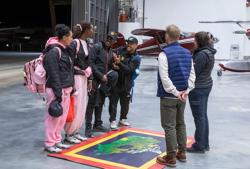 Keshia and Nova, Maestro Fresh Wes and Duane “D.O.” Gibson are pictured at “The Amazing Race Canada" pit stop in Kelowna, B.C. (Bell Media)