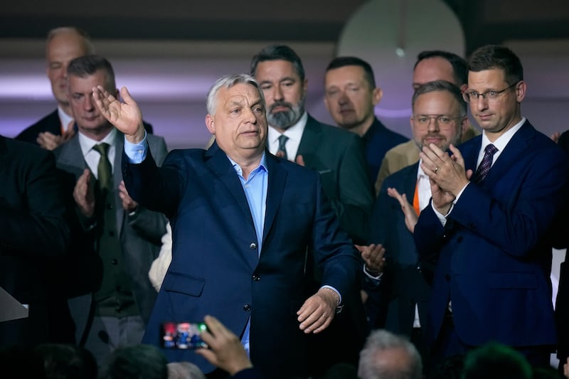 Hungary's Prime Minister Viktor Orban greets his supporters after a parliamentary election in Budapest onApril 12, 2026. (Petr David Josek / AP Photo)