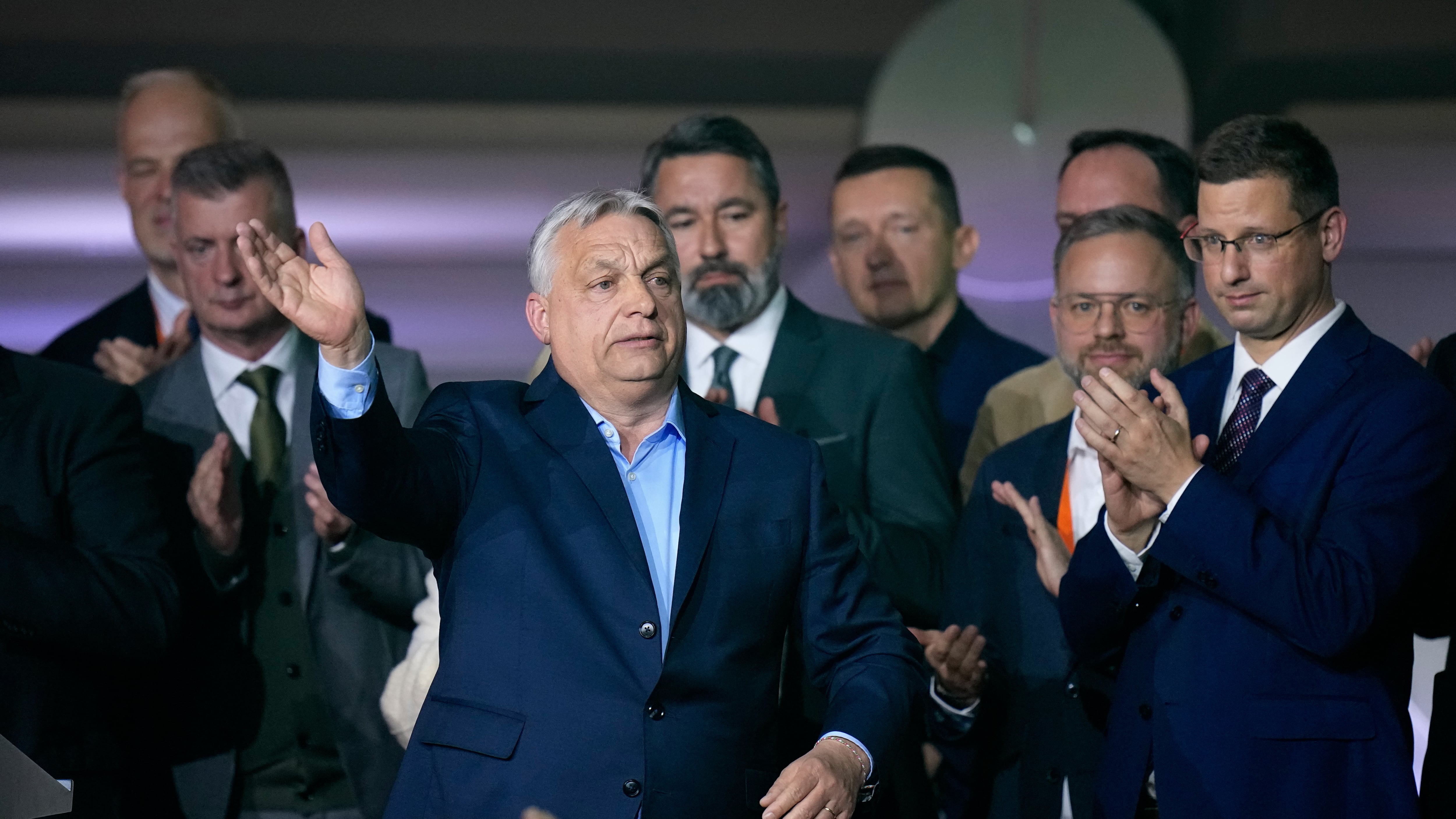 Hungary's Prime Minister Viktor Orban greets his supporters after a parliamentary election in Budapest onApril 12, 2026. (Petr David Josek / AP Photo)