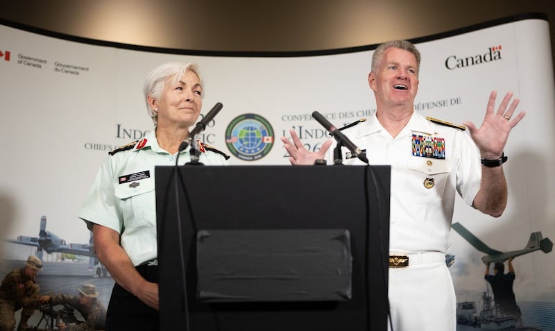 Gen. Jennie Carignan and U.S. Pacific Command Adm. Samuel Paparo hold a joint press conference during the 28th annual Indo-Pacific Chiefs of Defence Conference in Victoria on Wednesday, Sept. 2, 2026. THE CANADIAN PRESS/Chad Hipolito