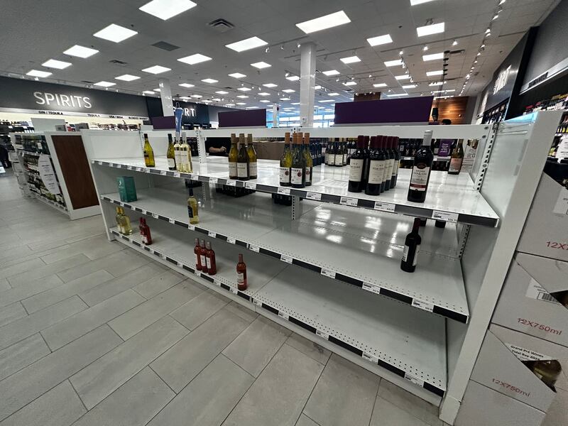 Nearly empty American wine shelves are pictured at an NSLC in Dartmouth, N.S., on Dec. 1, 2025. (Jonathan MacInnis/CTV Atlantic)