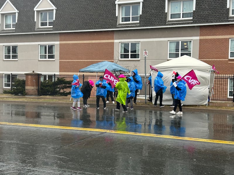 Striking long-term care workers are pictured outside Glasgow Hall in Dartmouth, N.S., on April 13, 2026. (Jonathan MacInnis/CTV Atlantic)