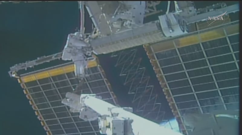 Josh Kutryk from Alberta works outside the International Space Station on Oct. 29, 2026. (Source: YouTube / NASA)