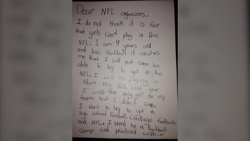 One of Julia Cameron's letters to the NFL is pictured.