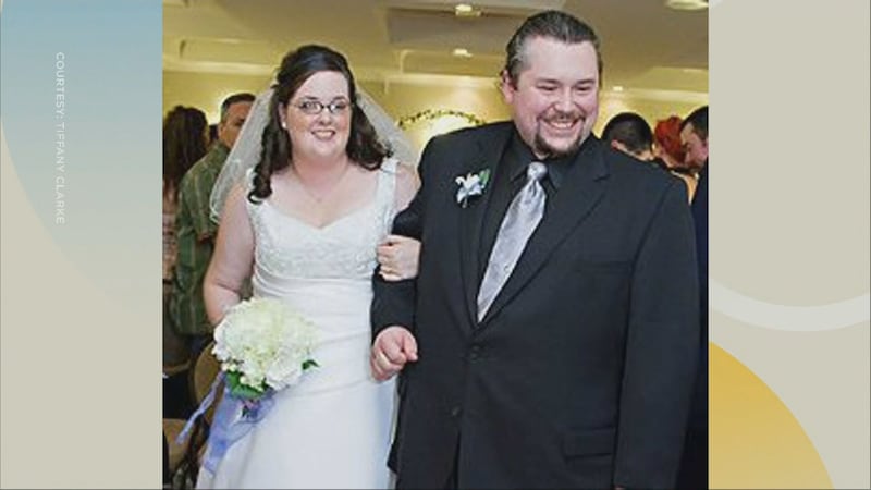 Tiffany Clarke is pictured with her husband at their wedding, as seen on CTV Your Morning Atlantic.