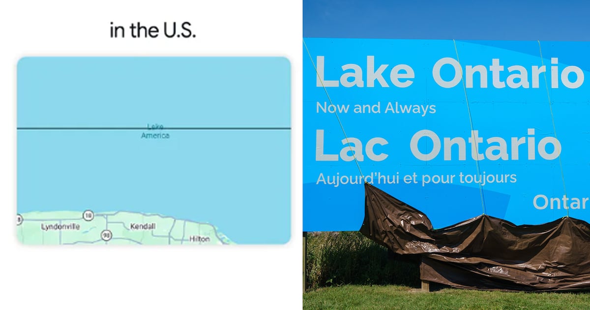Google Maps shows "Lake America" for U.S. users, "Lake Ontario" elsewhere