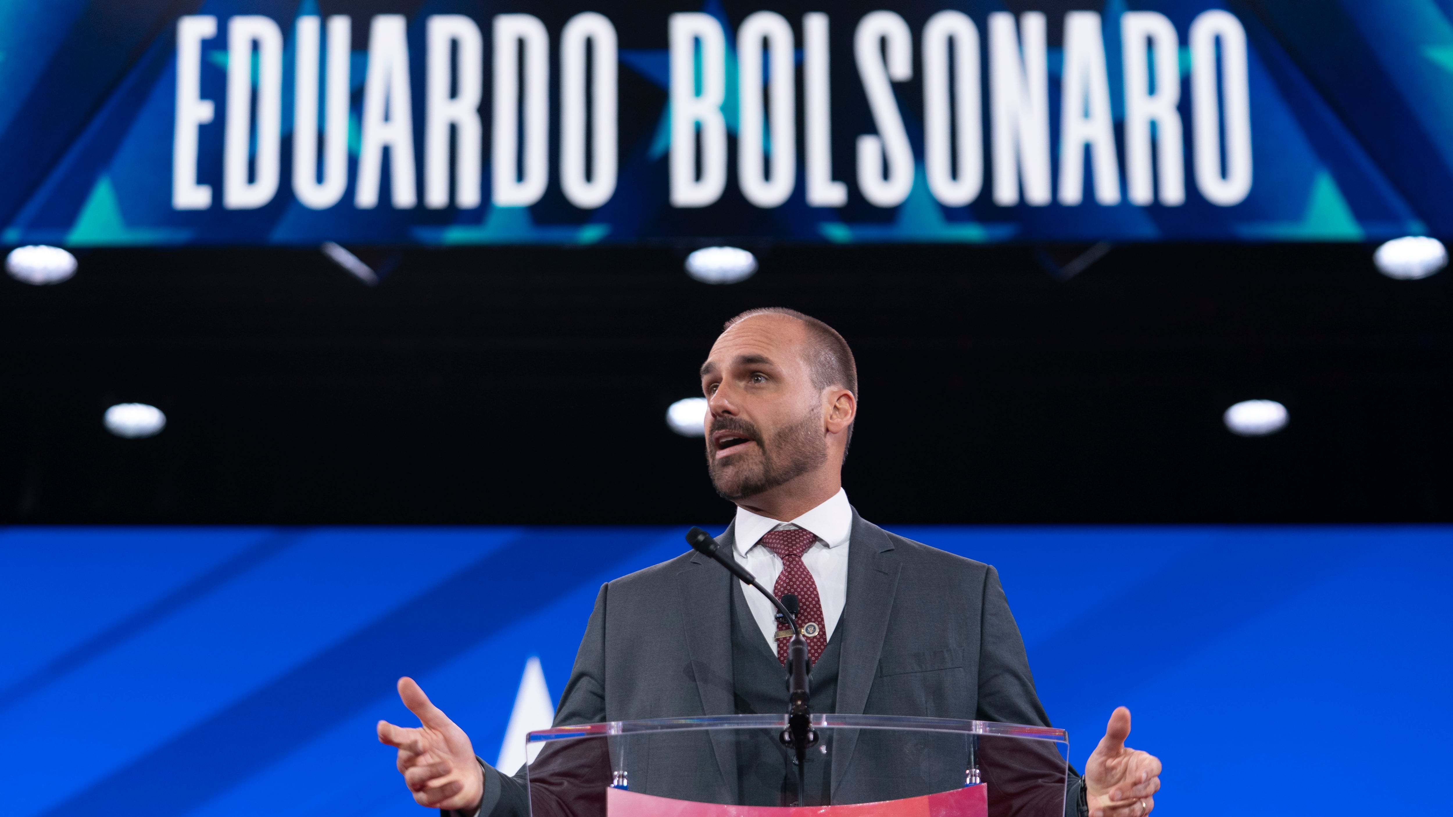 Eduardo Bolsonaro speaks during the Conservative Political Action Conference in Oxon Hill, Md., on Feb. 20, 2025. (Jose Luis Magana / AP Photo)
