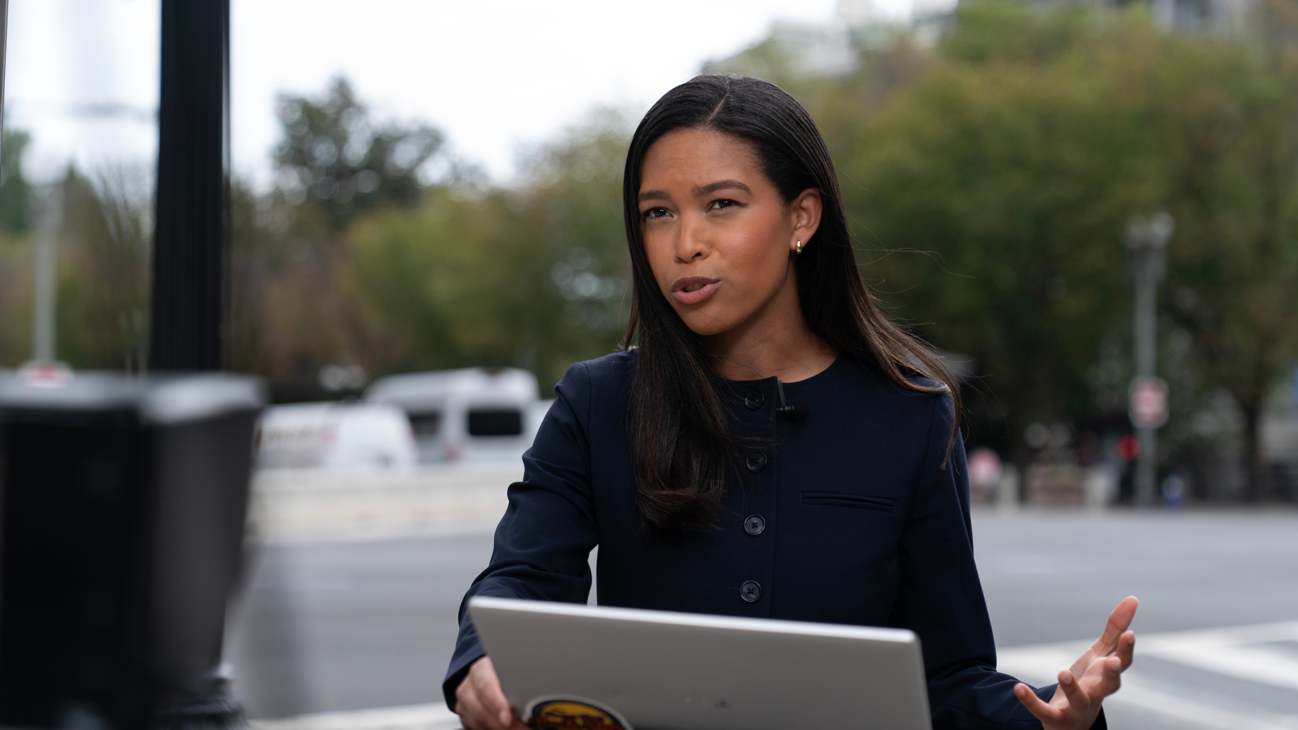 MS NOW White House reporter Akayla Gardner works near the White House complex after being denied entry following U.S. President Donald Trump's ban on CNN, MS NOW and Politico in Washington on Sept. 20, 2026. (Jose Luis Magana / AP Photo)
