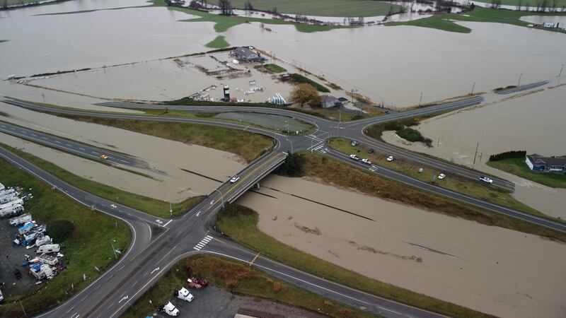 Aerial image of floodwaters in Abbotsford, B.C., on Dec. 12, 2025. (CTV News)
