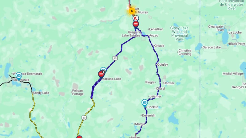 Blue marks the closure of Highways 63 and 881 south of Fort McMurray, Alta., on April 23 and 24, 2026, due to multiple crashes during a spring snow storm. (Source: 511 Alberta)