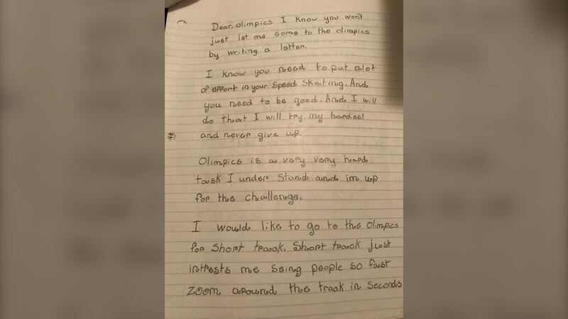 Courtney Sarault wrote this letter, expressing her desire to compete at the Olympics, when she was nine years old. (Submitted: Rhonda Connors Sarault)