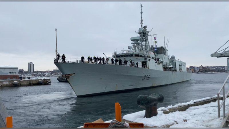 The HMCS Charlottetown is pictured leaving the Halifax dockyard on Feb. 1, 2026. (Vanessa Wright / CTV Atlantic)